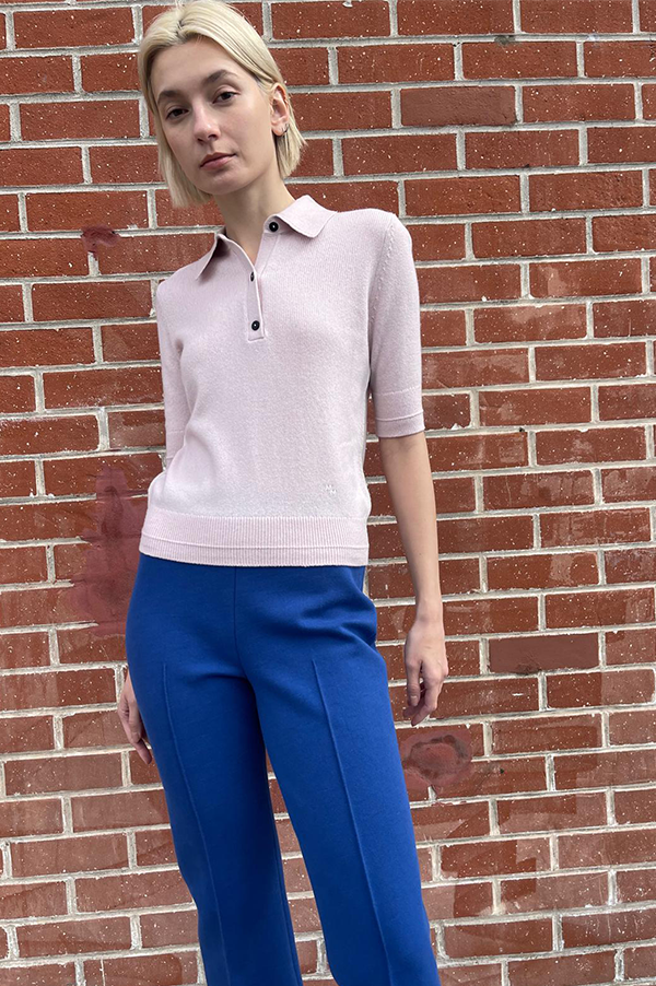 Featherweight Polo Sweater. Featherweight Sweater in Whisper Pink.  Recycled cashmere sweater. Organic cotton blend sweater. Whisper Pink knit. Maria McManus Featherweight Polo Sweater. Whisper Pink. Maria McManus Cashmere Sweater. Maria McManus Recycled Cashmere Sweater. Short Sleeve Polo Sweater in Blush. Short Sleeve Polo Sweater Whisper Pink.Recycled cashmere sweater.Organic cotton sweater Blush knit sweater.Whisper Pink. McManus Light Pink. McManus classic fit sweater.Classic fit sweater Whisper Pink