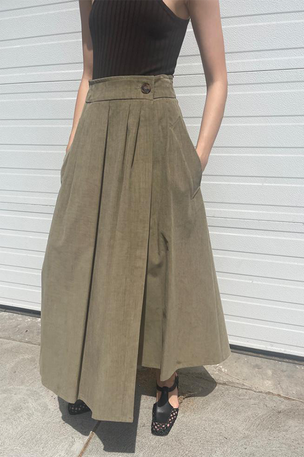 Long Corduroy Skirt in Khaki