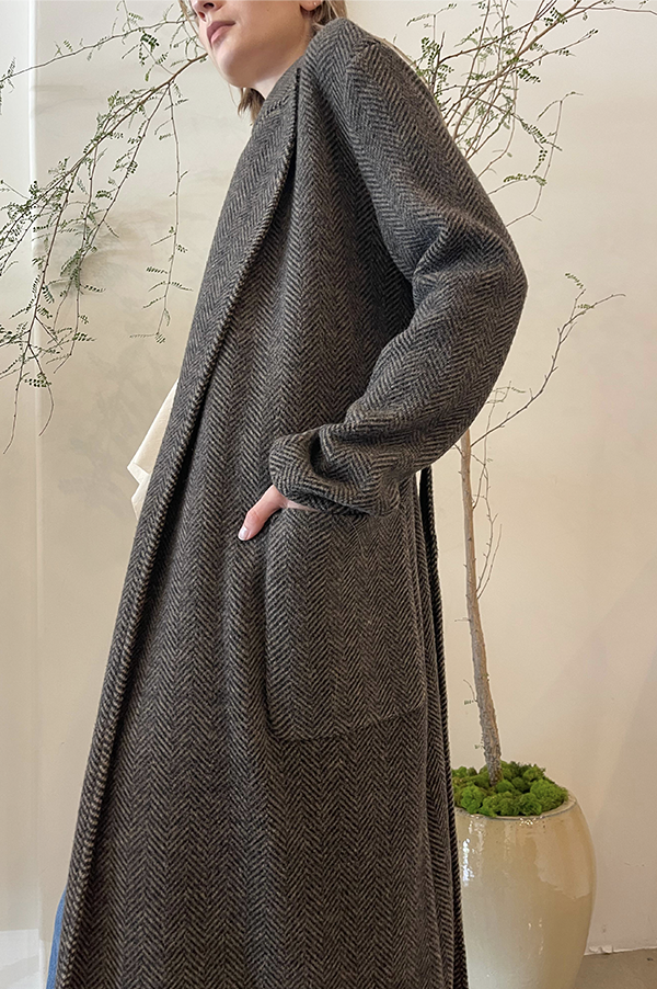 Long Herringbone Coat in Brown