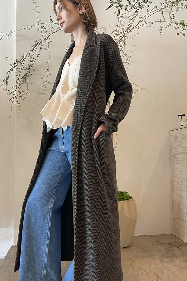 Long Herringbone Coat in Brown