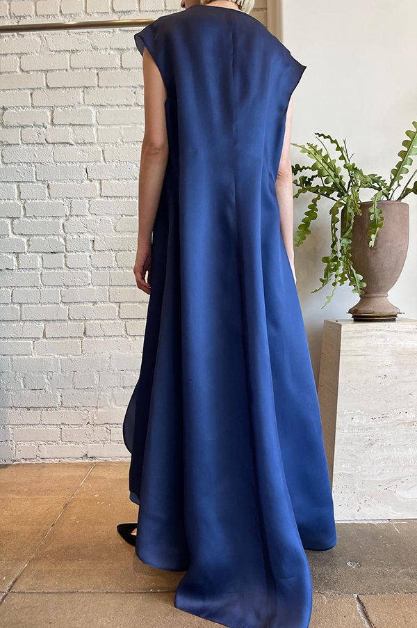 Scalloped Organza Wrap Dress in Navy