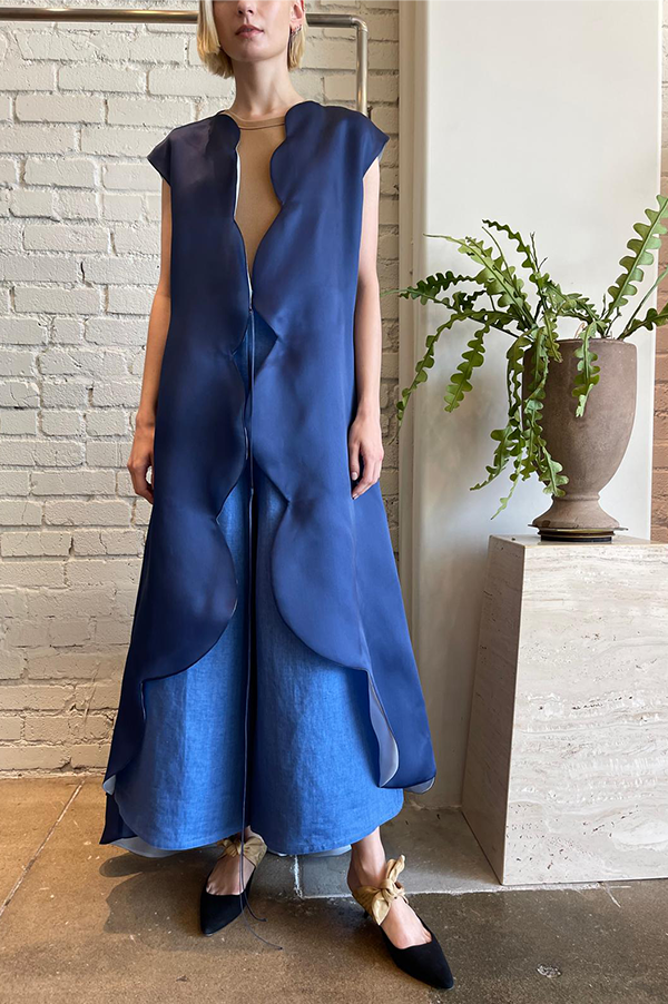 Scalloped Organza Wrap Dress in Navy