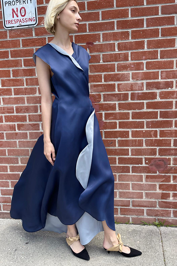 Scalloped Organza Wrap Dress in Navy