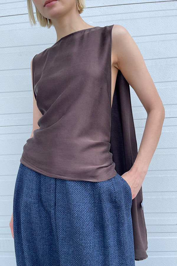 Dusan Tie Back Silk Satin Top In Chocolate