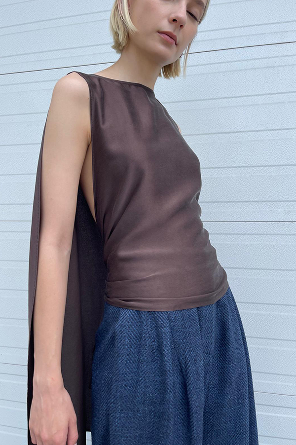 Dusan Tie Back Silk Satin Top In Chocolate