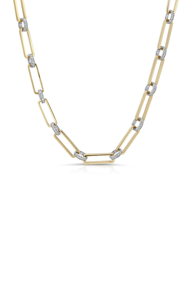 14K Yellow Gold Long Oval Link Necklace with Silver & White Diamond Rondelles