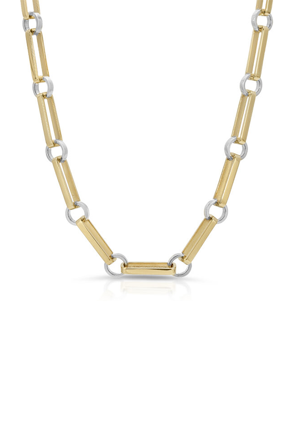 14K Yellow Gold Oval Link Necklace with Silver Rondelles