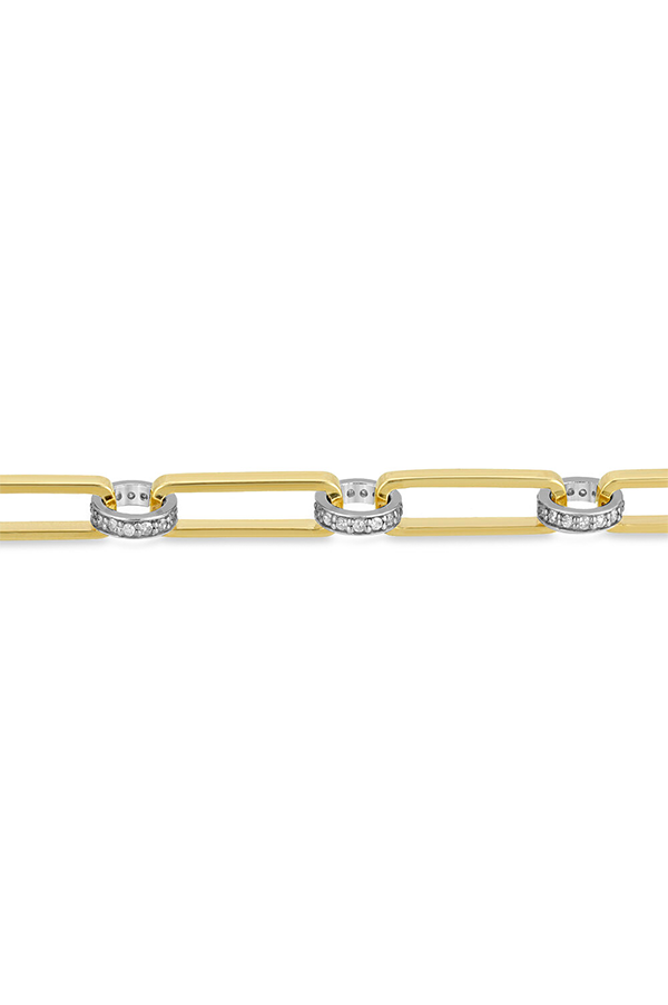 14K Yellow Gold Long Oval Link Bracelet with Silver and Diamond Rondelles