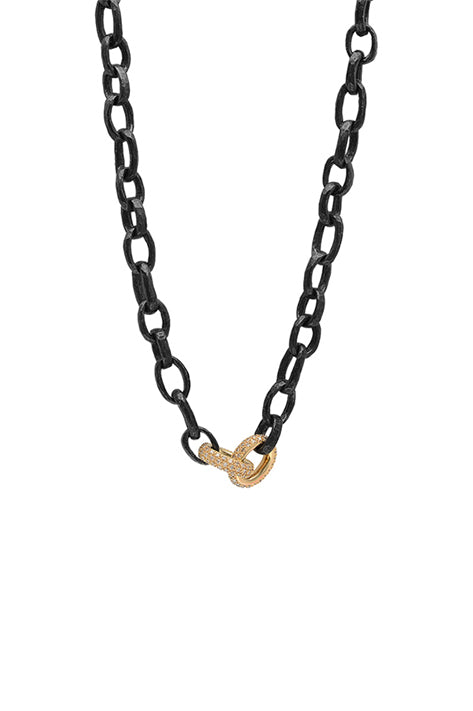 Oxidized Silver Hammered Chain With 14K Double Yellow Gold And Diamond Links