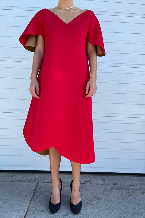 Reversible Scallop Dress in Red/Camel