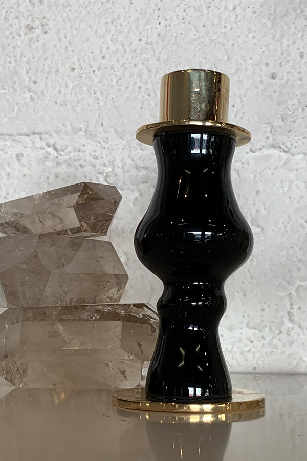 Aesa Short Black Glass + Bronze Candlestick Holder