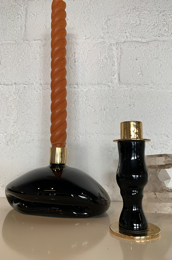 Aesa Short Black Glass + Bronze Candlestick Holder