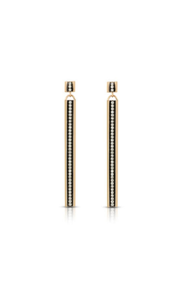 Diamond Striped Stick Earrings in 14K Gold with Black Ruthenium Bevel Trim