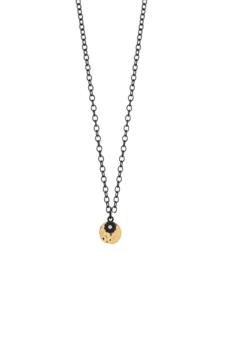 Small 14K Yellow Gold Disc Layered with Oxidized Silver Diamond Charm